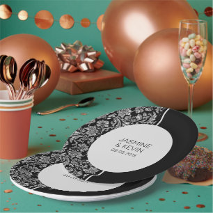 Plato De Papel Elegante Damasco plateado y pantalla dividida en n
