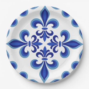 Plato De Papel Elegante Damask Azul para Almuerzo