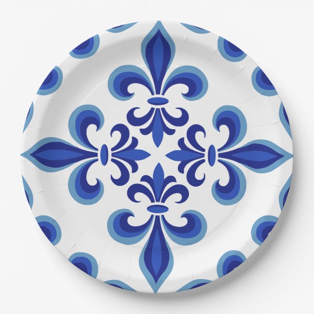 Plato De Papel Elegante Damask Azul para Almuerzo  (Anverso)