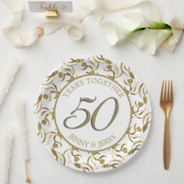 Plato de papel elegante de aniversario dorado y bl