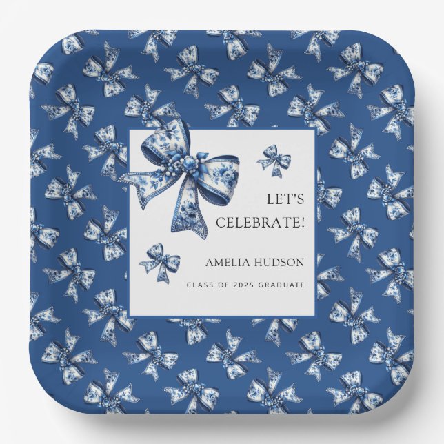 Plato De Papel Elegante De Moda Bows Azul Clase 2025 (Anverso)