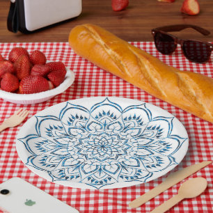 Plato De Papel Elegante Decoración Mandala Azul Metálico