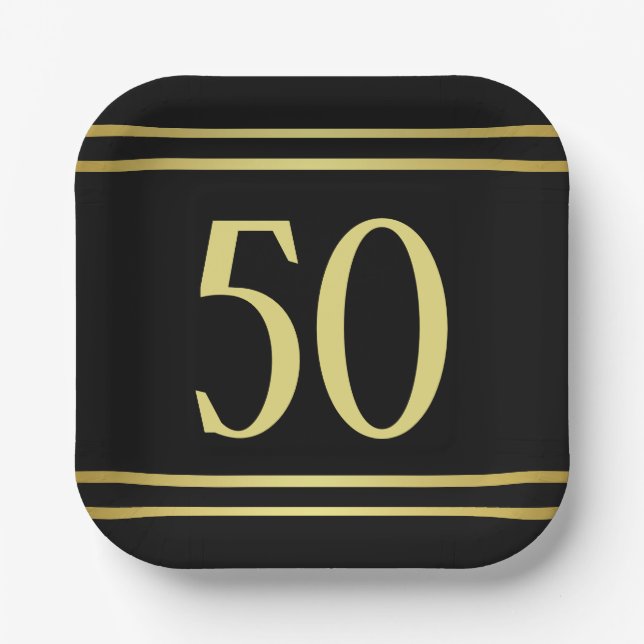 Plato De Papel Elegante Día de Oro Masculino y Nacimiento Negro (Anverso)