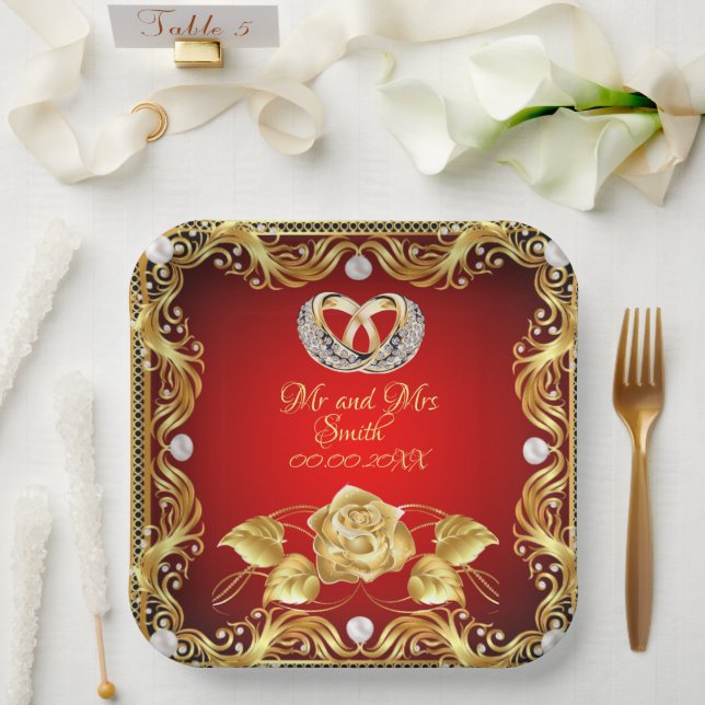 Plato De Papel Elegante diamante rojo dorado personalizado (Boda)