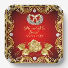 Plato De Papel Elegante diamante rojo dorado personalizado