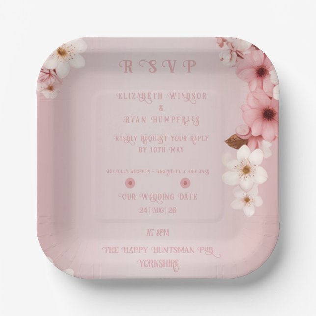 Plato De Papel Elegante Diseño de Invitación a Boda Floral (Anverso)