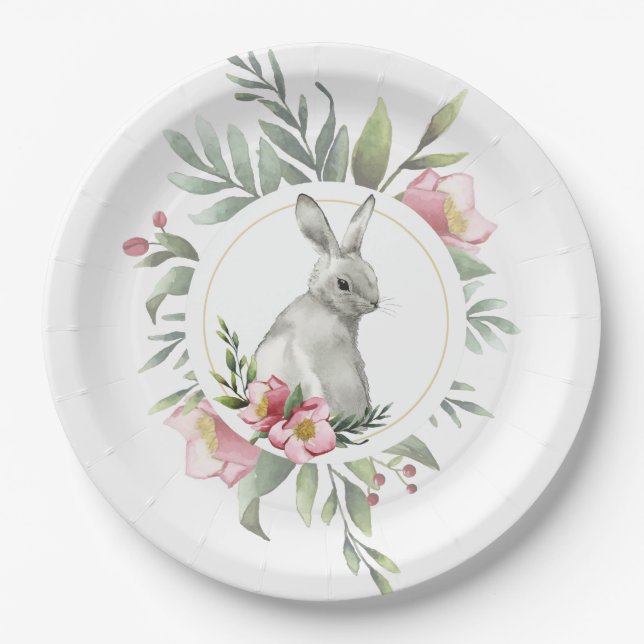 Plato De Papel Elegante diseño floral Bunny (Anverso)