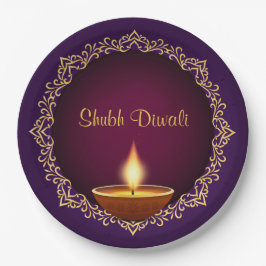 Plato De Papel Elegante Diwali Diyas Púrpura