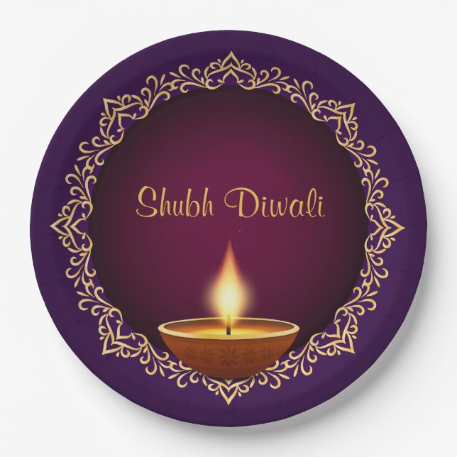 Plato De Papel Elegante Diwali Diyas Púrpura (Anverso)