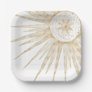 Plato De Papel Elegante Doodles dorados Sun Moon Mandala Diseño
