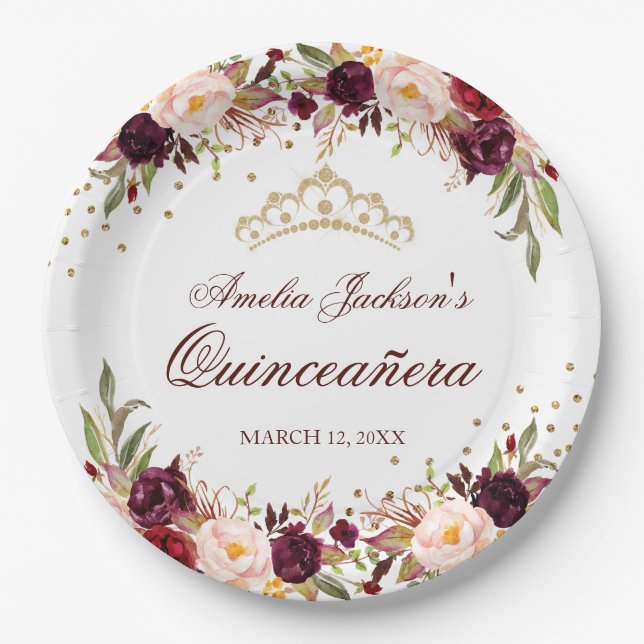 Plato De Papel Elegante Dorado Burgundy Floral Quinceanera (Anverso)