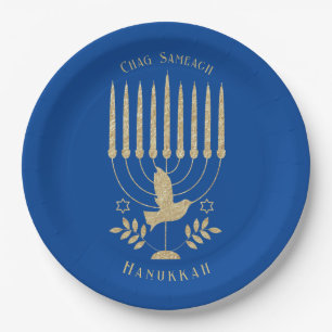 Plato De Papel Elegante Dove Volador de Oro Menorah Blue Hanukkah