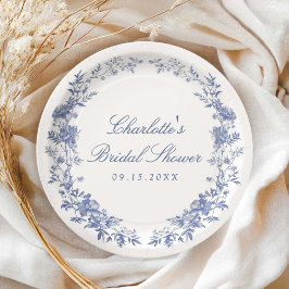Plato De Papel Elegante ducha azul floral de novia