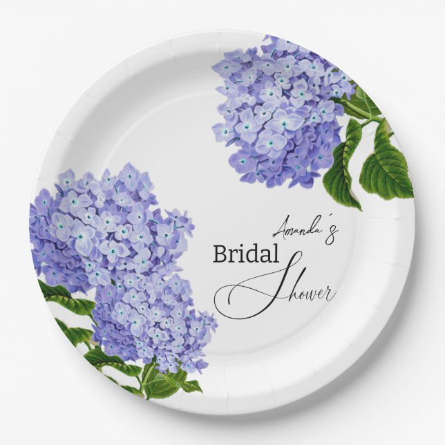 Plato De Papel Elegante ducha azul Hydrangea Floral Bridal (Anverso)
