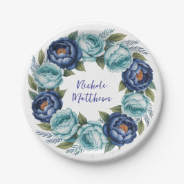 Plato De Papel Elegante ducha azul turquesa floral nupcial
