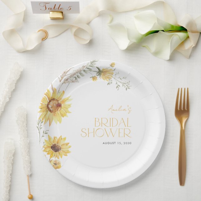 Plato De Papel Elegante Ducha Boho Sunflower Botánica Bridal (Boda)