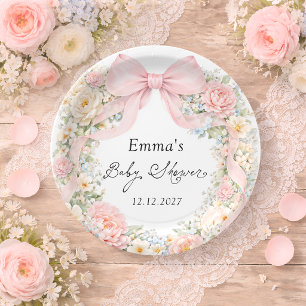 Plato De Papel Elegante ducha de bebé floral con lazo rosa