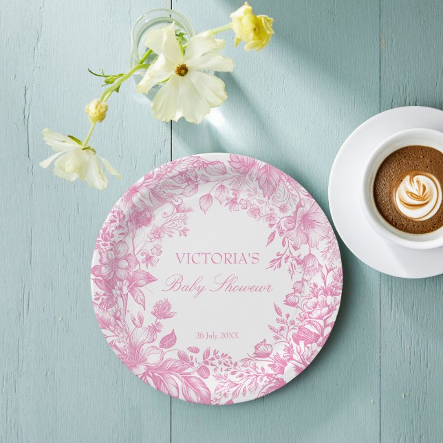Plato De Papel Elegante ducha de bebé rosa polvorienta botánica i (Elegant vintage botanical dusty pink baby shower printed paper plates personalized table decor)