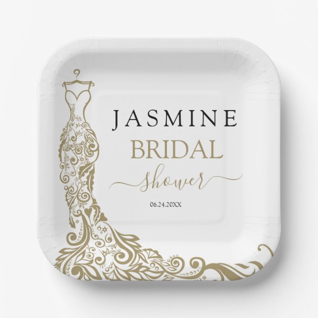 Plato De Papel Elegante ducha de novia con traje de Rubor blanco  (Anverso)