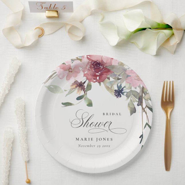Plato De Papel Elegante ducha de novia Dusky Rubor Rosa Floral (Boda)