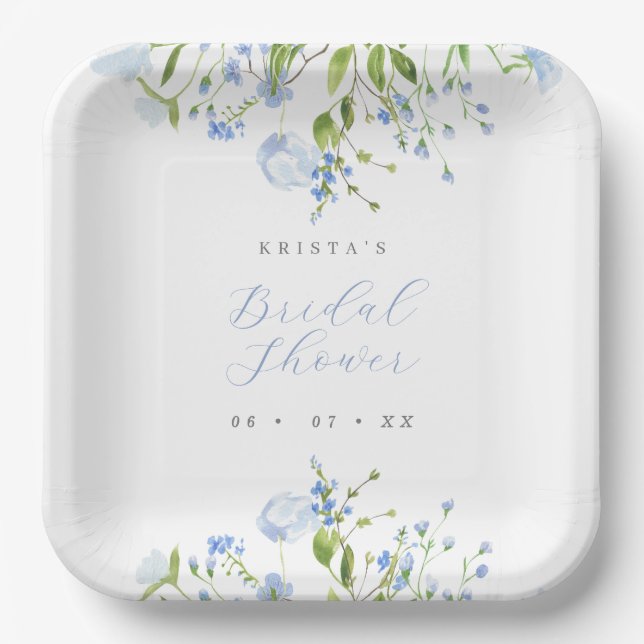 Plato De Papel Elegante ducha de novia floral azul claro (Anverso)