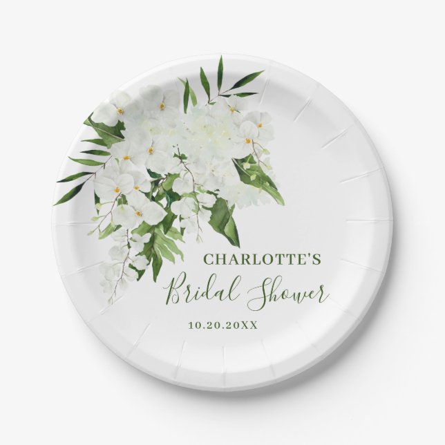 Plato De Papel Elegante ducha de novia floral con orquídeas blanc (Anverso)