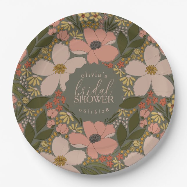 Plato De Papel Elegante ducha de novia floral personalizada (Anverso)