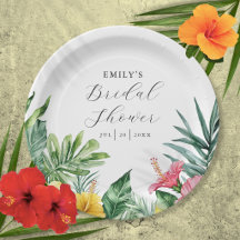 Elegante ducha de novia floral tropical con acuare