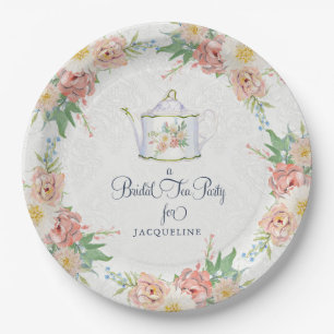 Plato De Papel Elegante ducha de novia rosa y floral pintada de b