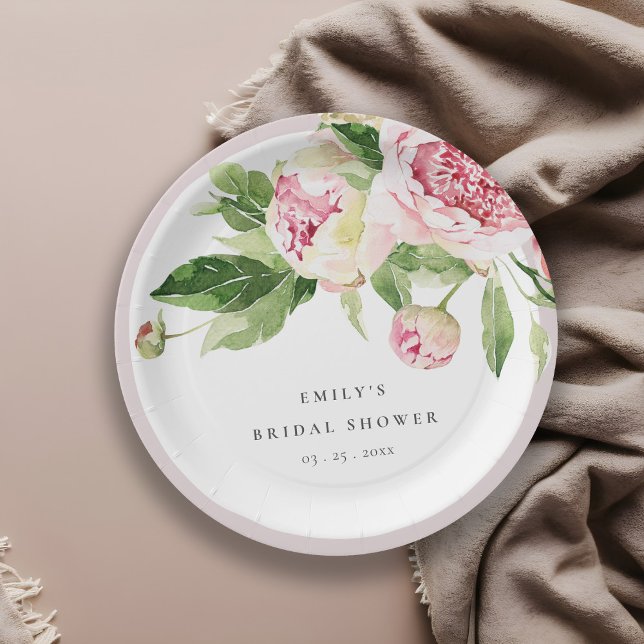 Plato De Papel Elegante ducha de novias con flores de peones verd (Subido por el creador)