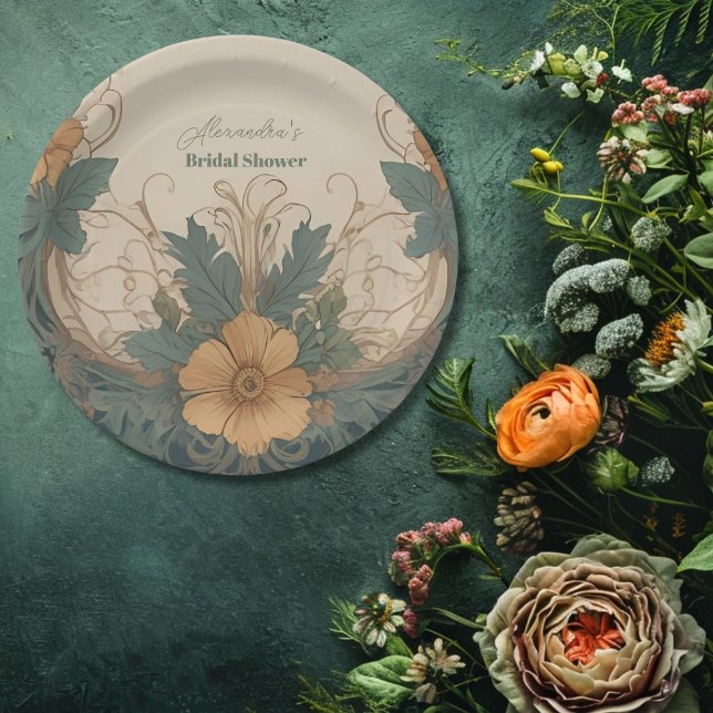 Plato De Papel Elegante ducha marrón floral de estilo Art Nouveau (Subido por el creador)