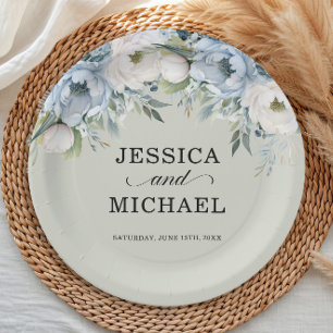 Plato De Papel Elegante Dusty Azul Marfil Floral Sage Verde