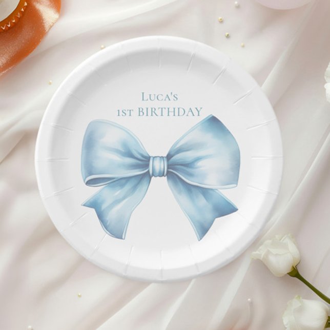 Plato De Papel Elegante Dusty Blue Bow First Boy Cumpleaños (Subido por el creador)