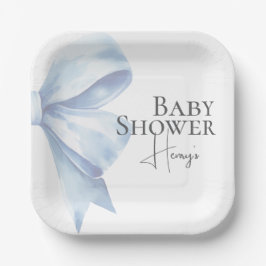 Plato De Papel Elegante Dusty Blue Bow Watercolor de agua Baby Sh