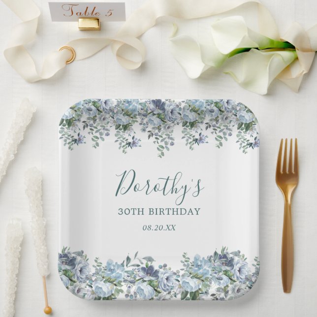 Plato De Papel Elegante Dusty Blue Floral 30 cumpleaños Personali (Boda)