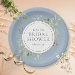 Plato De Papel Elegante Dusty Blue Gold Greenery Bridal Shower<br><div class="desc">Con delicadas hojas de color agua verde sobre un polvoriento fondo azul,  estas placas botánicas de moda con papel de ducha de novia se pueden personalizar con los detalles especiales de su ducha de novia. Diseñado por Thisisnotme©</div>