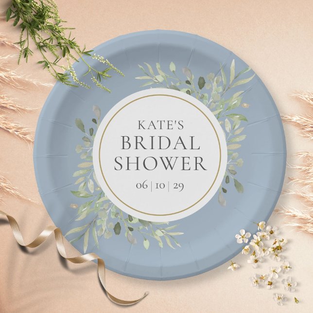 Plato De Papel Elegante Dusty Blue Gold Greenery Bridal Shower (Subido por el creador)
