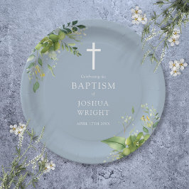 Plato De Papel Elegante Dusty Blue Green Baptism Christening