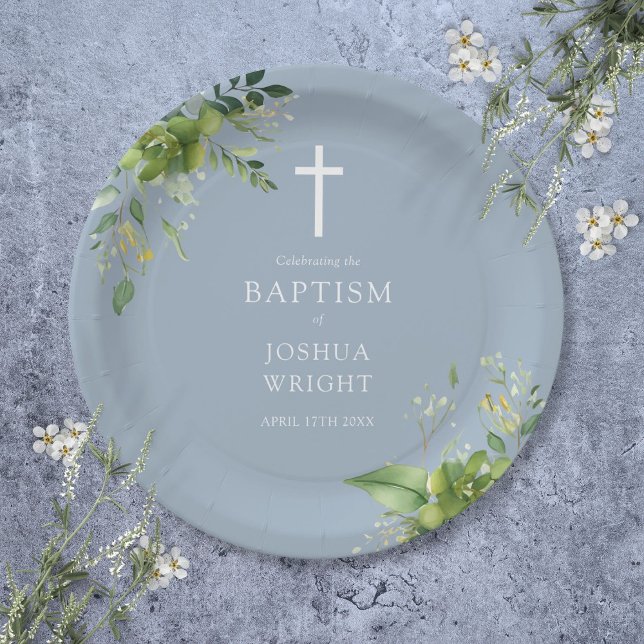 Plato De Papel Elegante Dusty Blue Green Baptism Christening (Elegant Dusty Blue Greenery Baptism Christening Paper Plates)