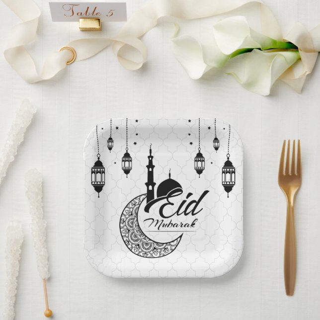 Plato De Papel Elegante Eid Mubarak blanco y negro (Boda)