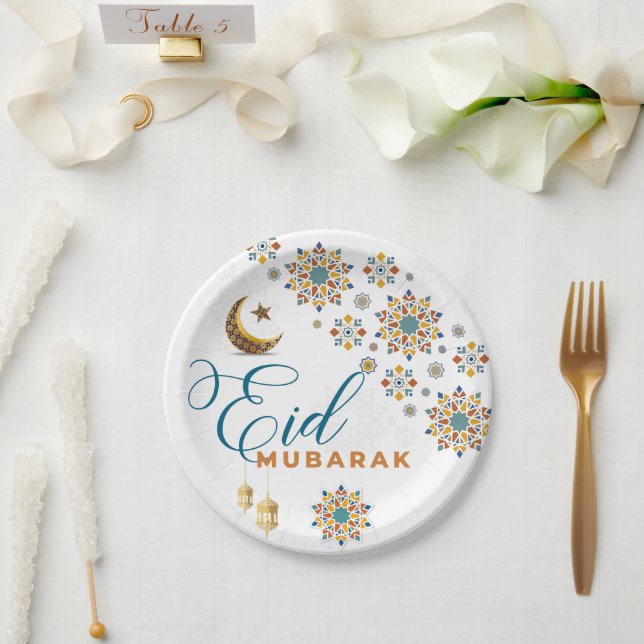Plato De Papel Elegante Eid Mubarak caligrafía árabe estrellas de (Boda)