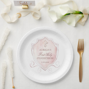 Plato De Papel Elegante Escudo de acuarela rosa primera comunión