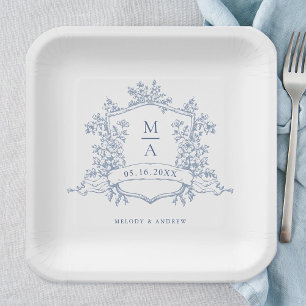 Plato De Papel Elegante Escudo de Floral Azul Dusty Monograma Bod