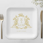 Plato De Papel Elegante Escudo floral dorado Monograma Boda<br><div class="desc">Platos clásicos de papel boda escudo floral dorado con monogramas,  perfectos para una boda vintage clásica o romántica. Para una personalización más avanzada de este diseño,  haga clic en el BOTÓN HERRAMIENTA DE DISEÑO AZUL de arriba. También están disponibles los elementos coincidentes.</div>