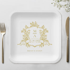 Plato De Papel Elegante Escudo floral dorado Monograma Boda