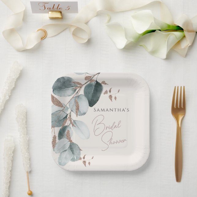 Plato De Papel Elegante espárrago verde dorado deja ducha de novi (Boda)