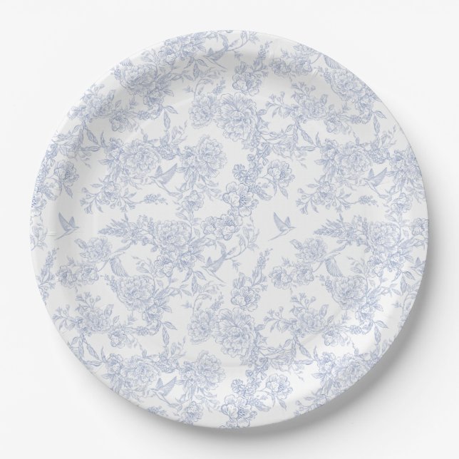 Plato De Papel Elegante Estampado Floral Azul Toile Francés (Anverso)