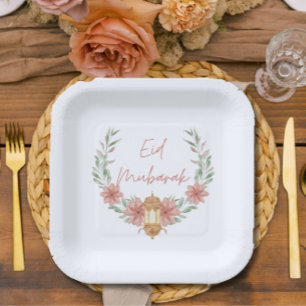 Plato De Papel Elegante estilo floral moderno Eid Mubarak Blanco 