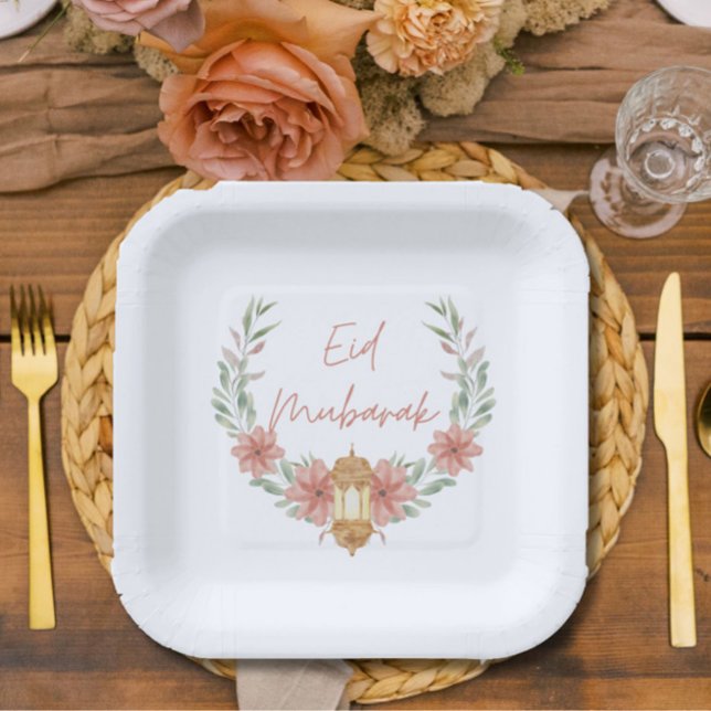 Plato De Papel Elegante estilo floral moderno Eid Mubarak Blanco  (Add modern elegance to your Eid table with these fresh floral wreath "Eid Mubarak" paper plates! )