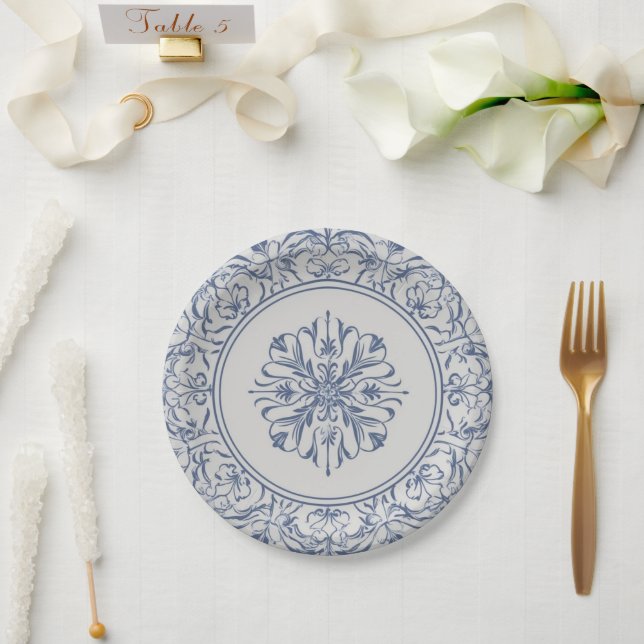 Plato De Papel Elegante estilo sencillo estilo chinoiserie Blue W (Boda)